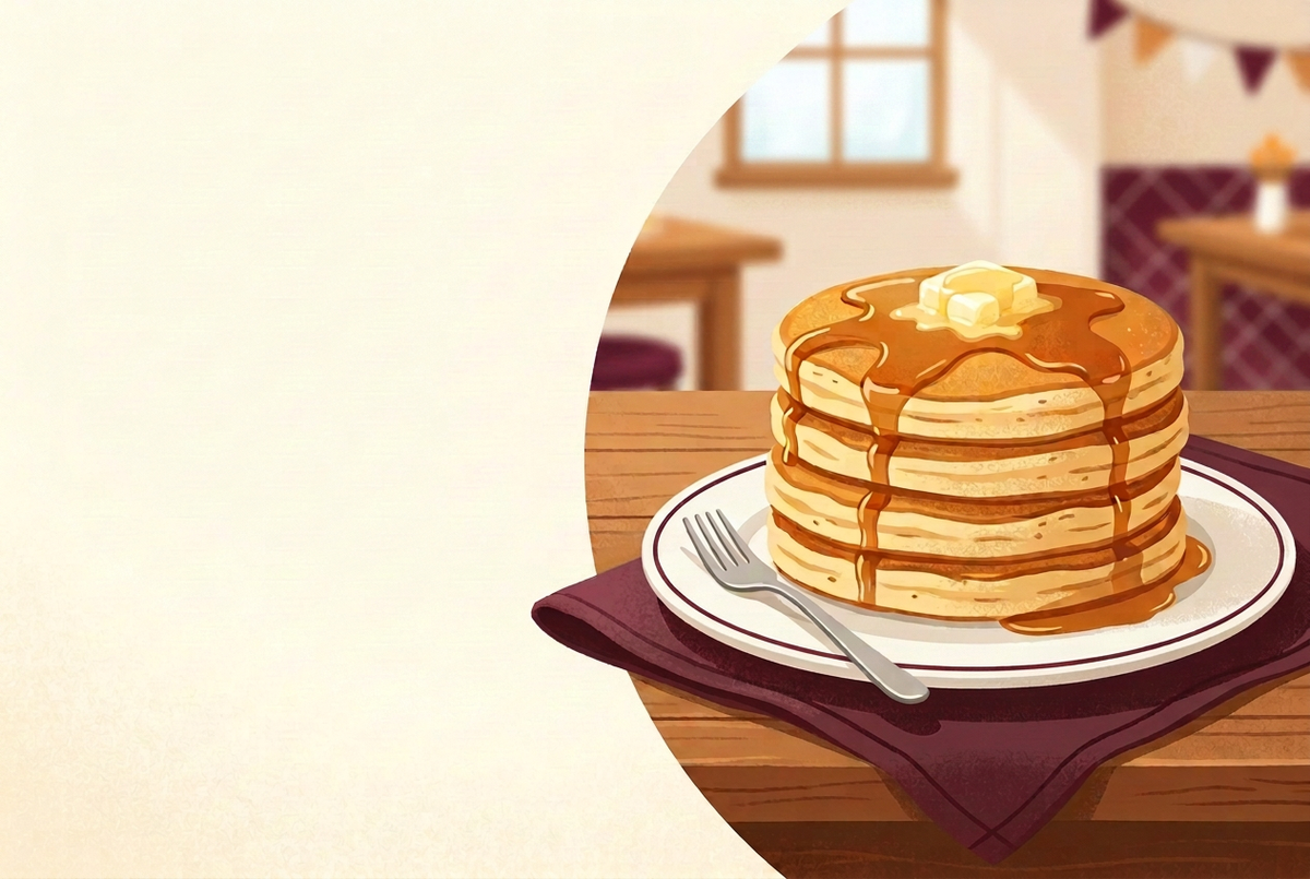 Pancake graphic with maroon background accents and napkin